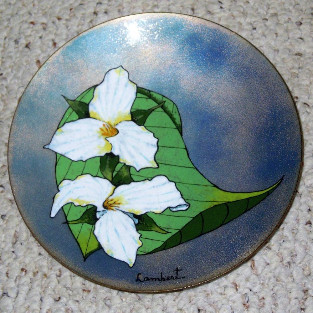 Vintage MCM Studio Art Copper Enamel Dish Plate LAMBERT Floral Flower Trillium